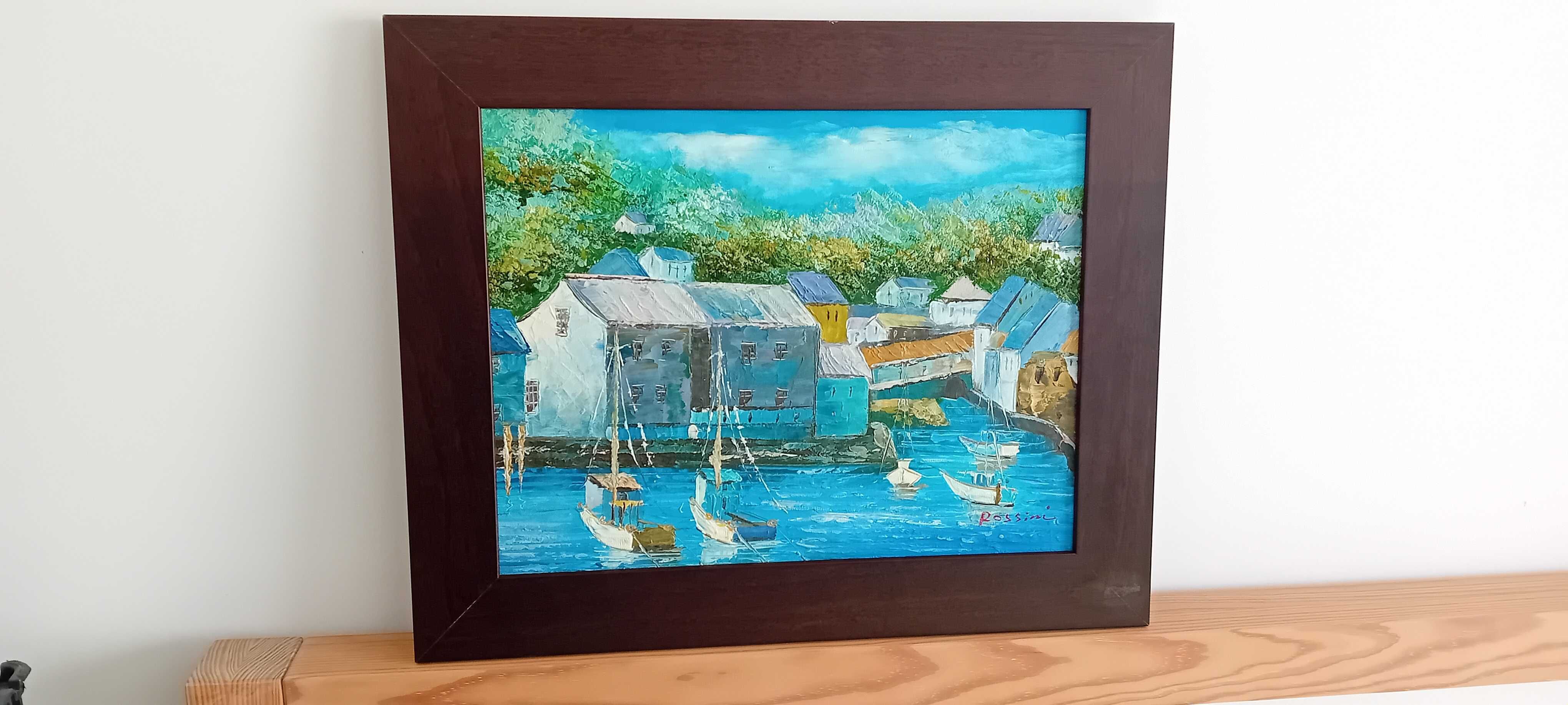 Pintura a óleo do sec.XX Cornish Harbour assinada Rossini