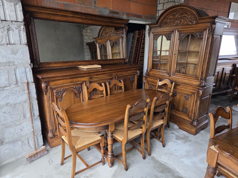 Zestaw 100% dębowy komoda lustro witryna stół 6 krzeseł meble Holandia