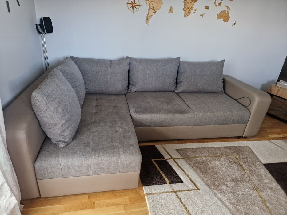 Narożnik rozkładany jasny BEZOWY-SZARY wygodny w bardzo dobrym STANIE