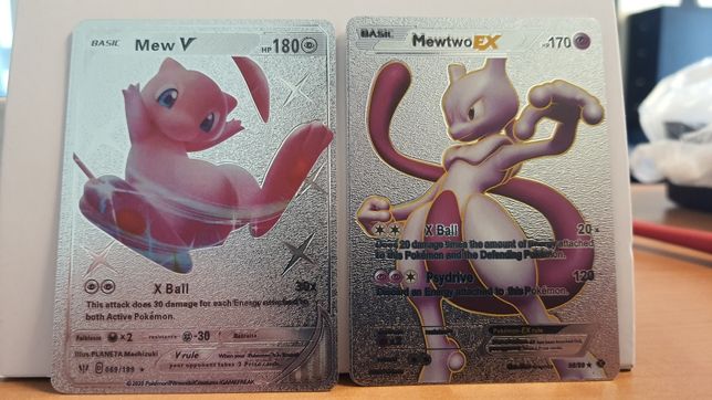 Srebrne metaliczne karty pokemon MEW MEWTWO V EX GX komplet
