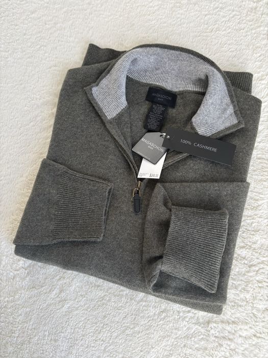 Sweter kaszmirowy męski kolor khaki Magaschoni z półgolfem rozmiar M