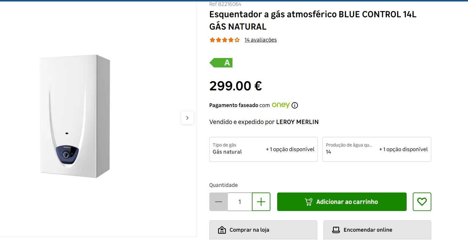 Esquentador a gás atmosférico BLUE CONTROL 14L GÁS NATURAL