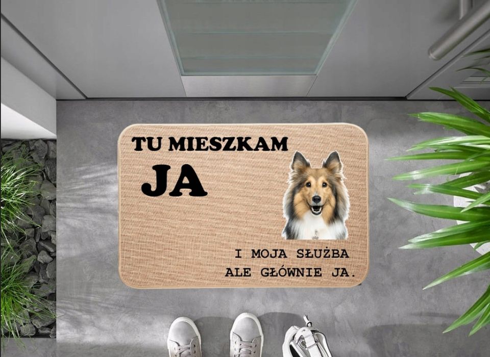 lniana wycieraczka wejściowa tu mieszkam ja collie lessie pies prezent
