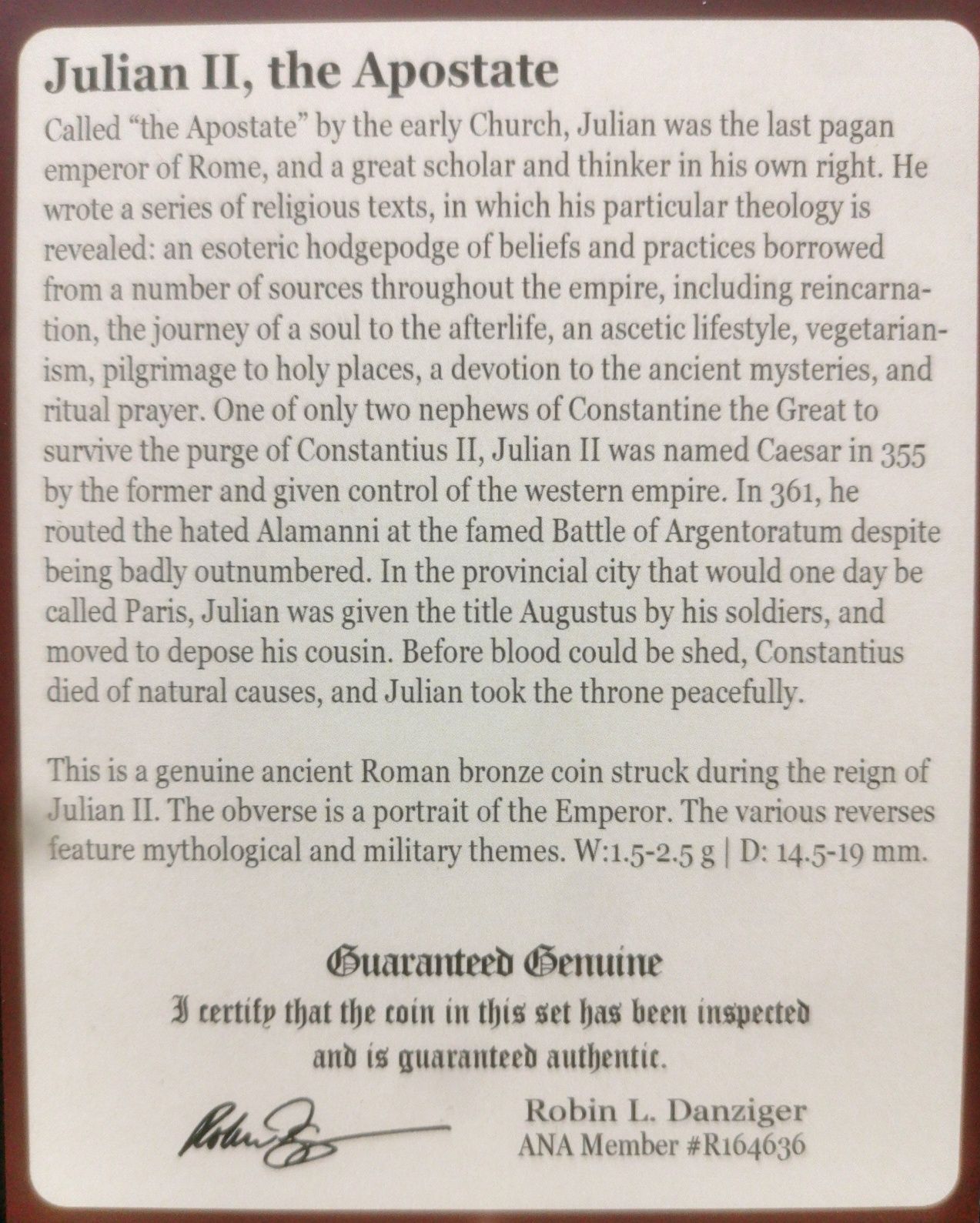 Oryginalna moneta rzymska Cesarz Julian Apostata - grading NGC