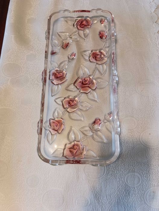 Patera szklana ozdobna w czerwone kwiaty niemiecka 14"