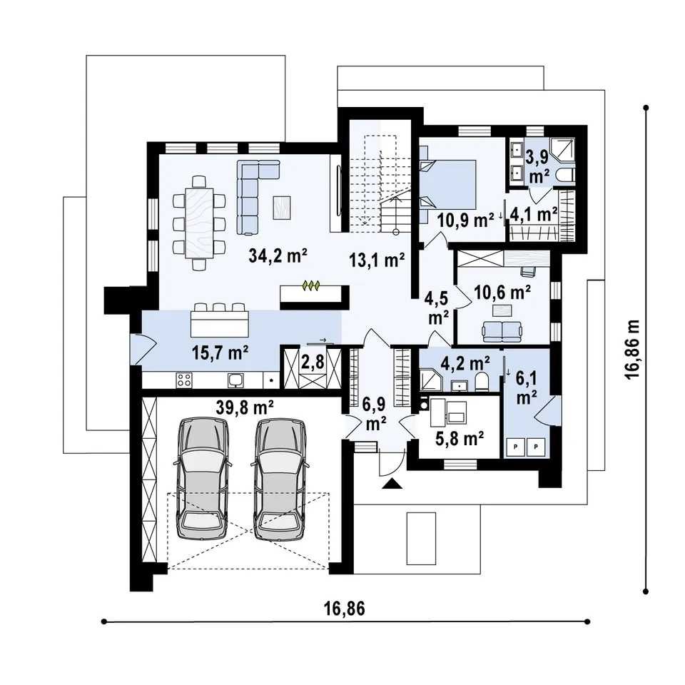 Nowoczesny dom jednorodzinny z płaskim dachem, tarasami i antresolą