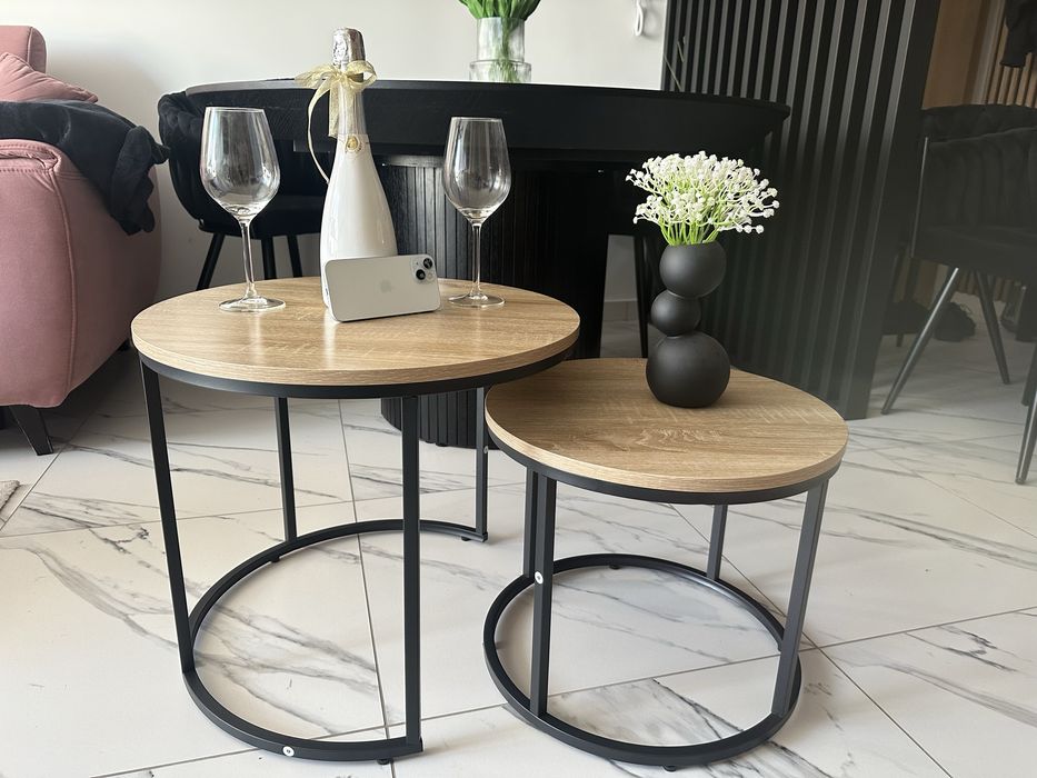 Nowy Stolik Kawowy Okrągły Podwójny Loft 2 Sztuki Industrialny Salonu