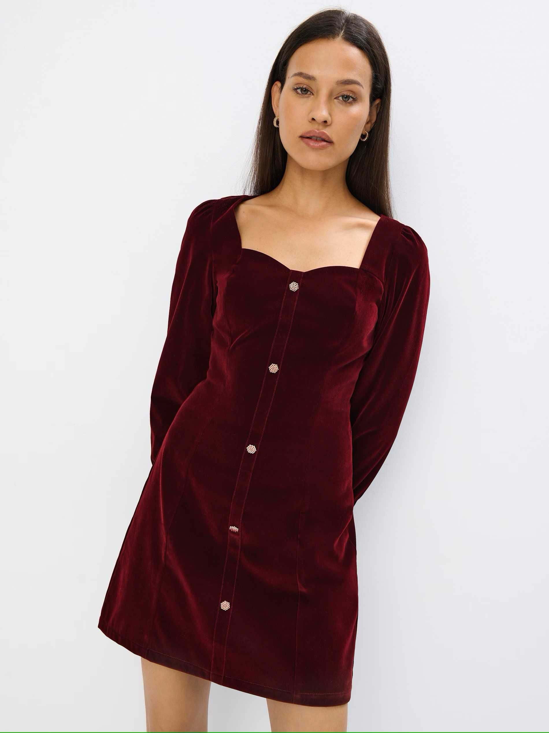 Sukienka bordo welur dekolt karo ozdobne guziki cyrkonie MOHITO 42/XL