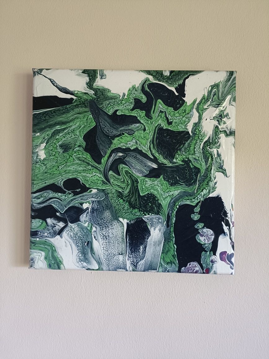 Akrylowa abstrakcja 30x30 kolory biel zieleń i granat