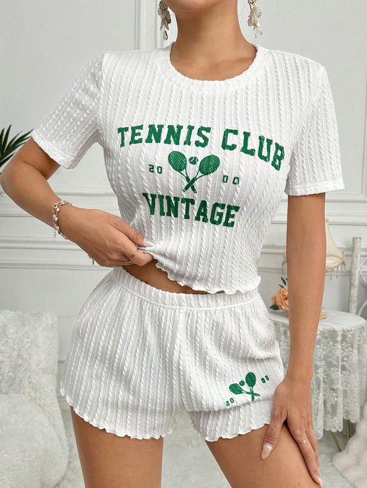 Piżama Teksturowana Z Nadrukiem Biała Koszulka Ze Spodenkami Shein S