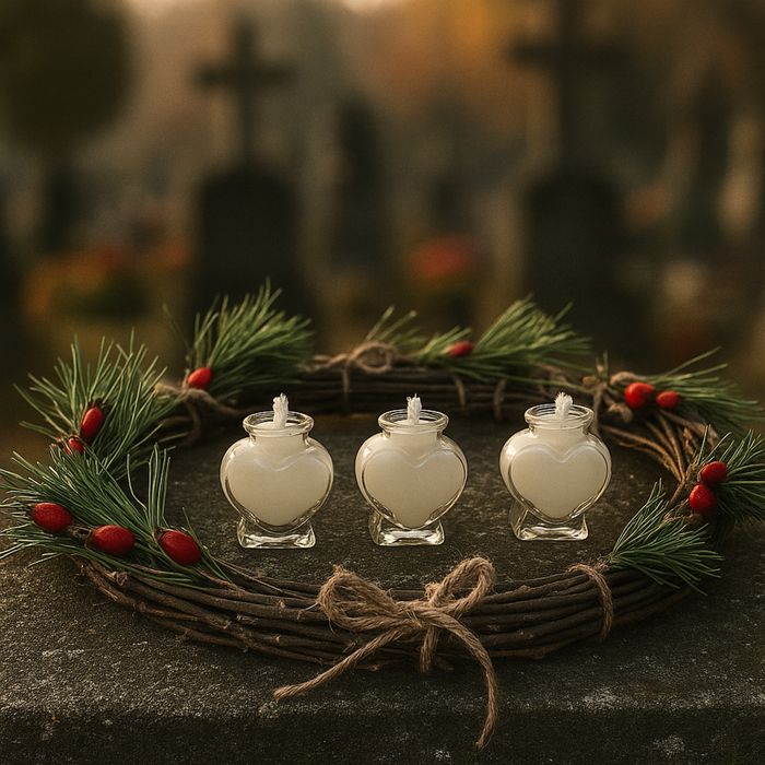 Wieniec z trzema świeczkami w szklanym sercu-ozdoba na grób/znicz