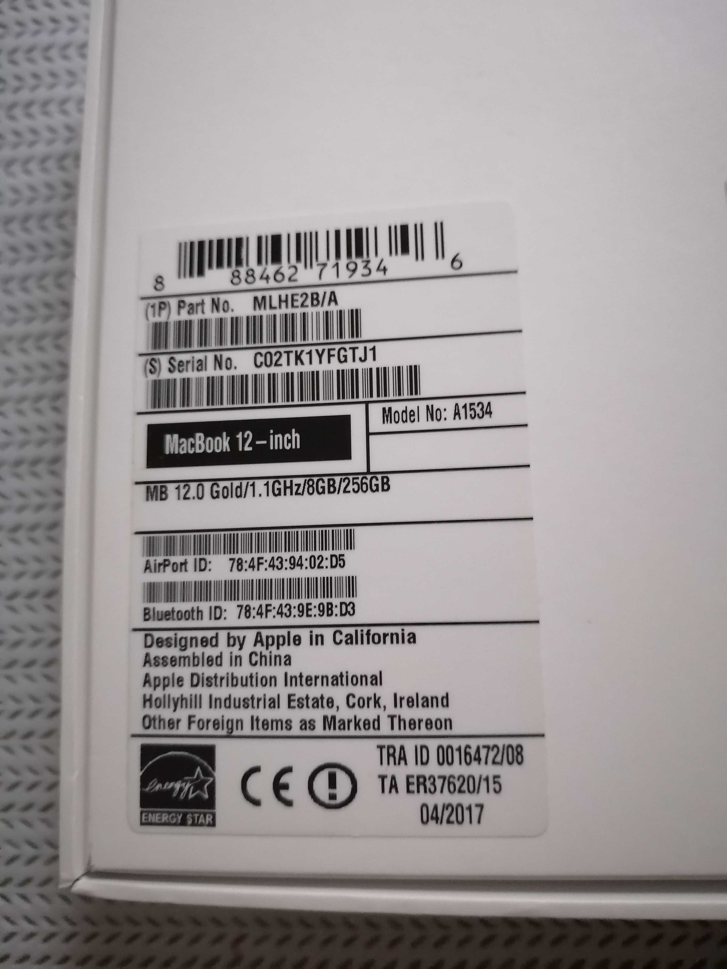Macbook air A1534 12" M/8GB RAM/256GB Gwizdną Szarość