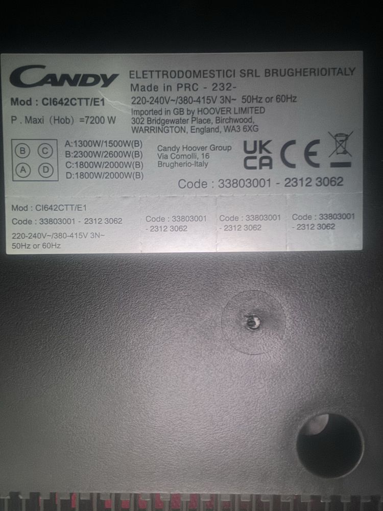 Plyta indukcyjna candy uszkodzona (na części)