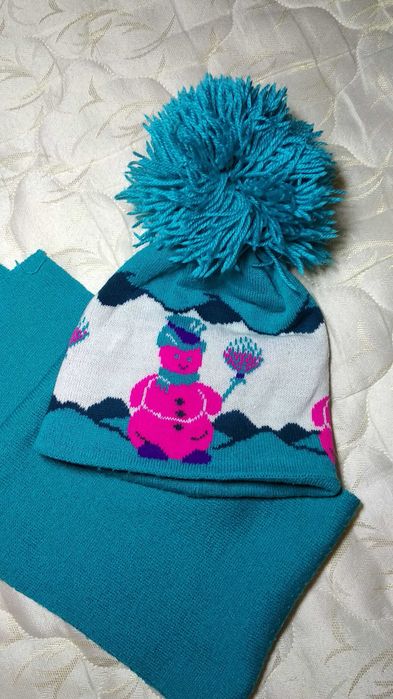 Шапка с шарфом на девочку бирюзовая шапка с бумбоном на 5-9лет