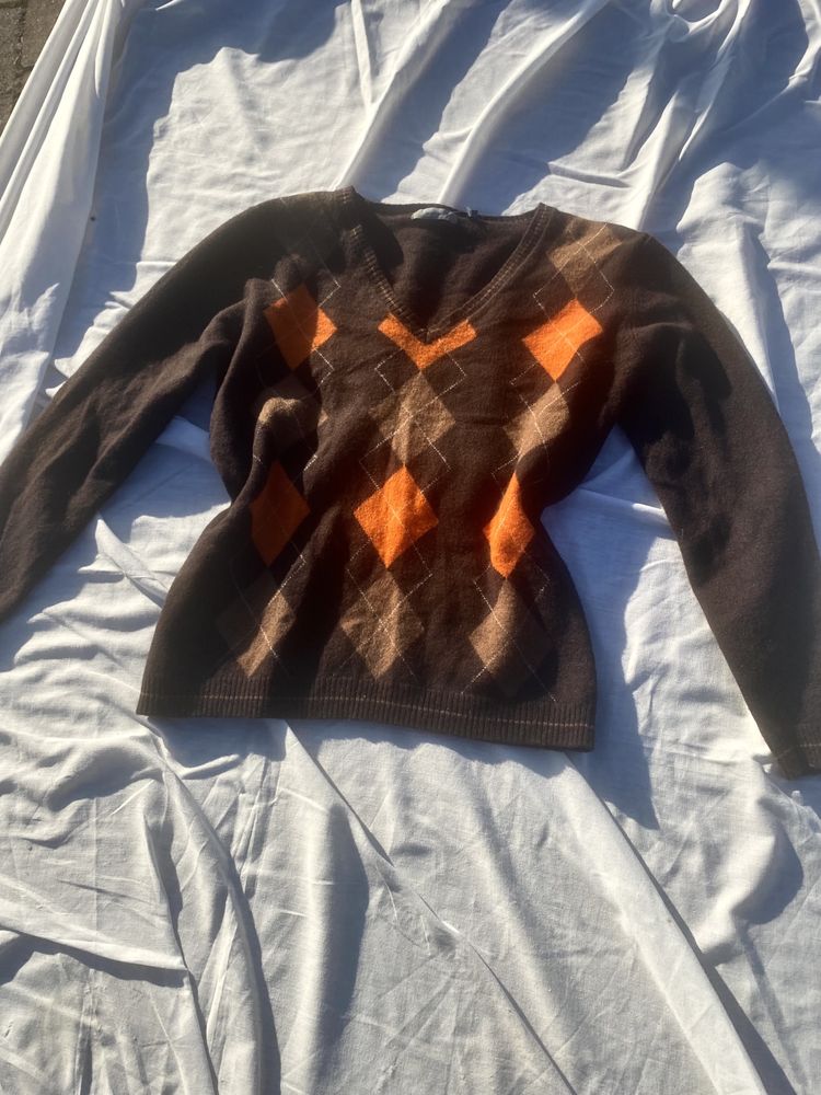 Wełniany brązowy sweterek w romby S 36 100% wełna vintage