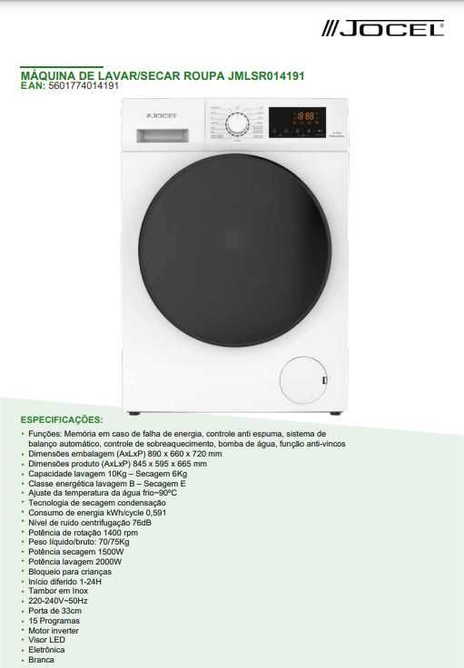 Máquina Lavar e Secar Roupa 10kg - 6kg Jocel