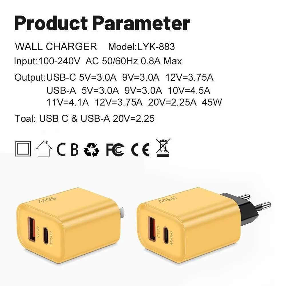 Szybka ładowarka zasilacz USB A Plus USB C 55W QC3.0+ PD3 Kolor ŻÓŁTY