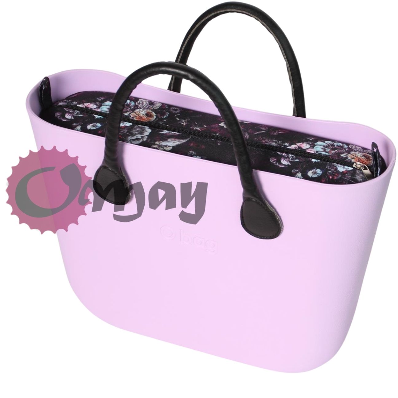 Czarny organizer OBAG STANDARD ogród kwiaty fiolet 2 kieszenie OMAY