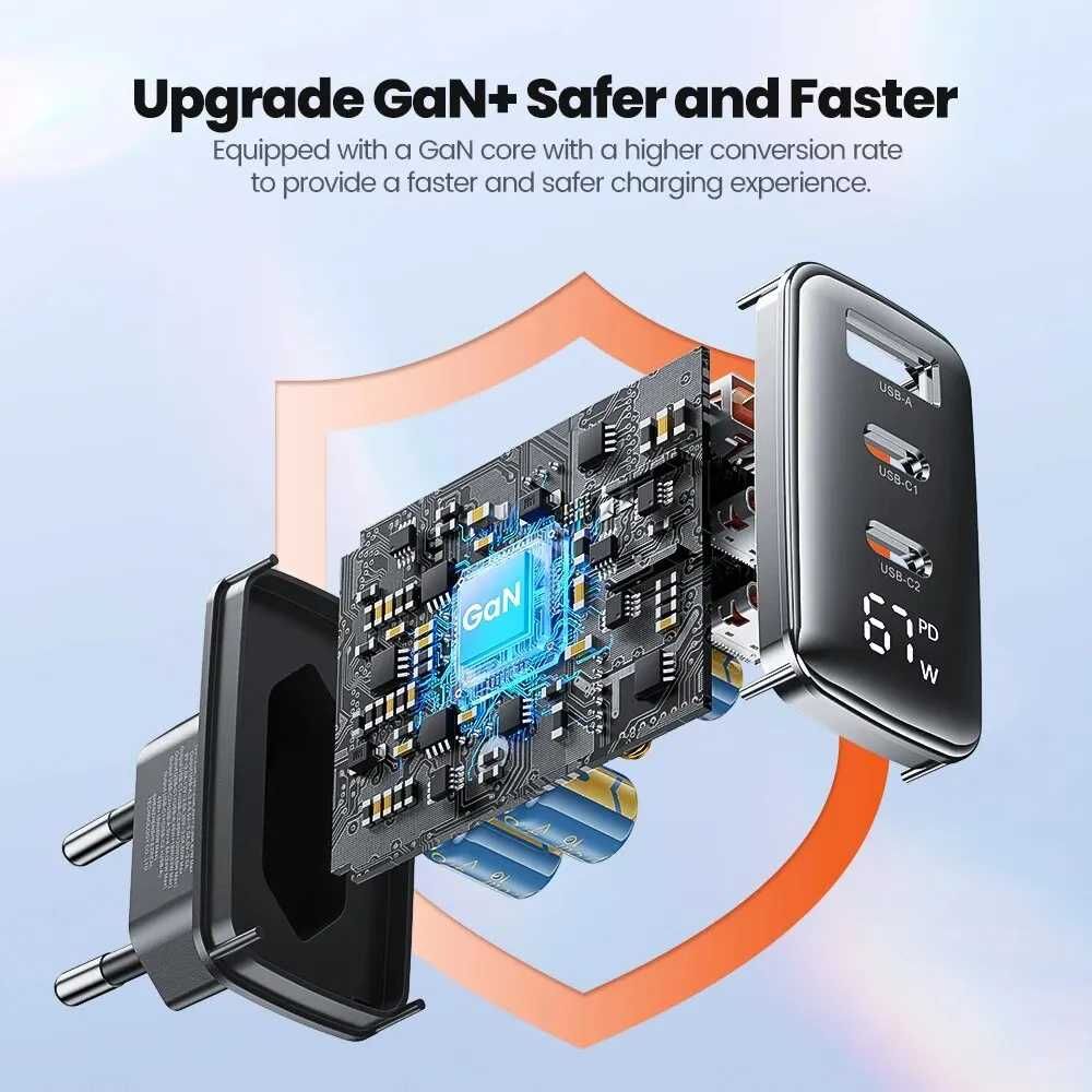 Зарядний пристрій Toocki 67W GaN USB C, PPS PD QC4.0, з дисплеєм