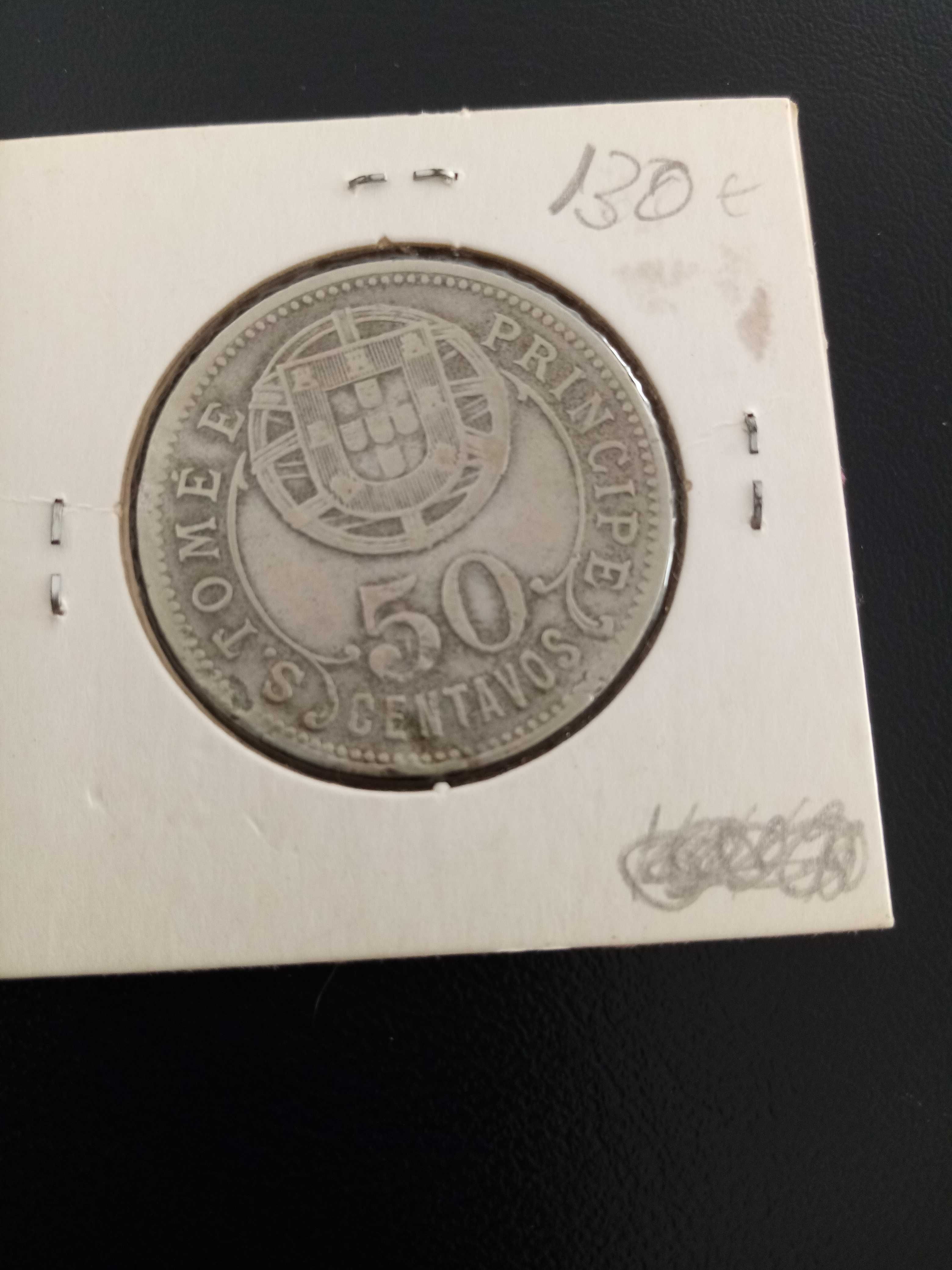 São TOMÉ e PRÍNCIPE 50 Centavos de 1928 em Alpaca, em MBC+