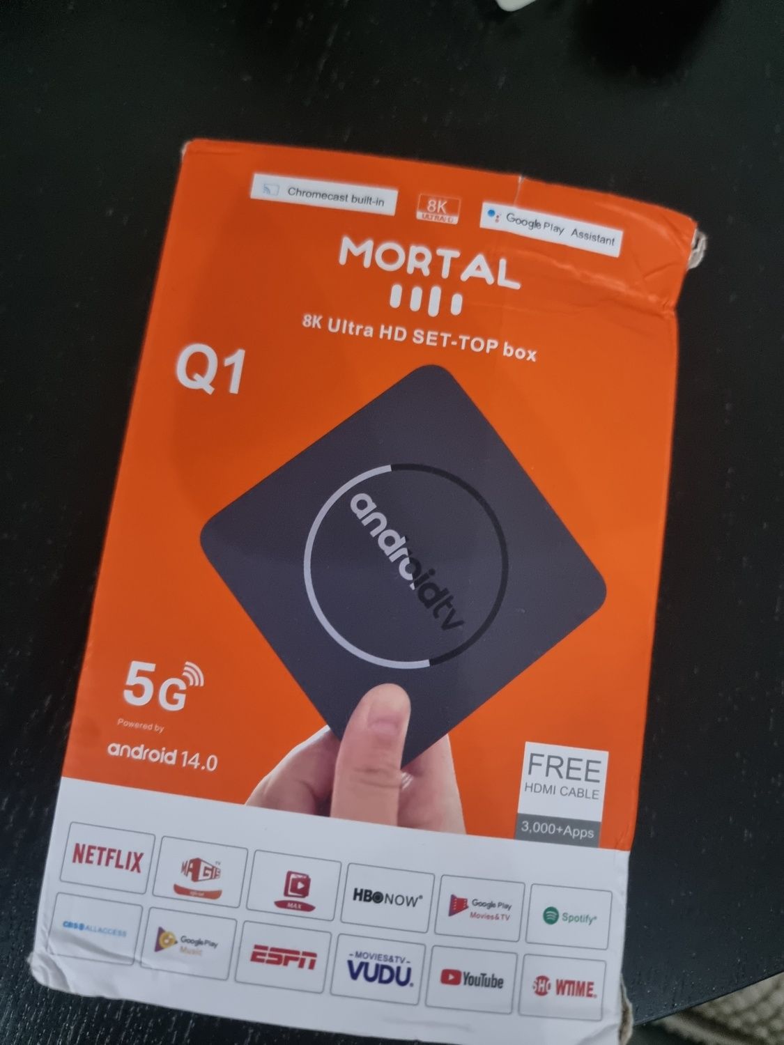 TV Box Android Mortal Q1 8K UHD, Android 14.0, Netflix em caixa