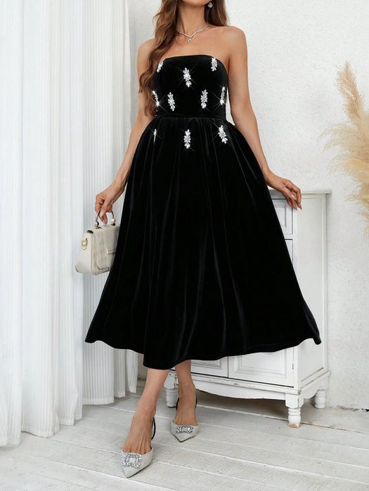 Sukienka Wieczorowa Welurowa Z Odkrytymi Ramionami Czarna Shein Xs 34