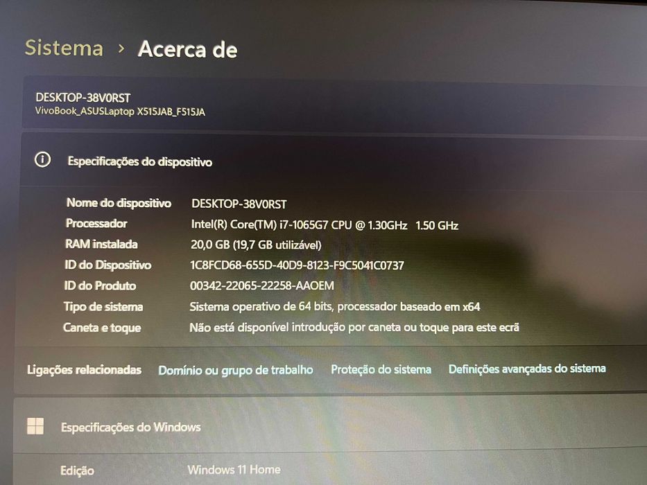 Portátil Asus F515J Core i7 10th, 20Gb Ram, disco M.2 512Gb , Win 11