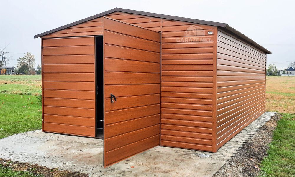 GARAŻ BLASZANY 4m x 6m Dwuspad Brama Orzech Drewnopodobny 4x6 GB249