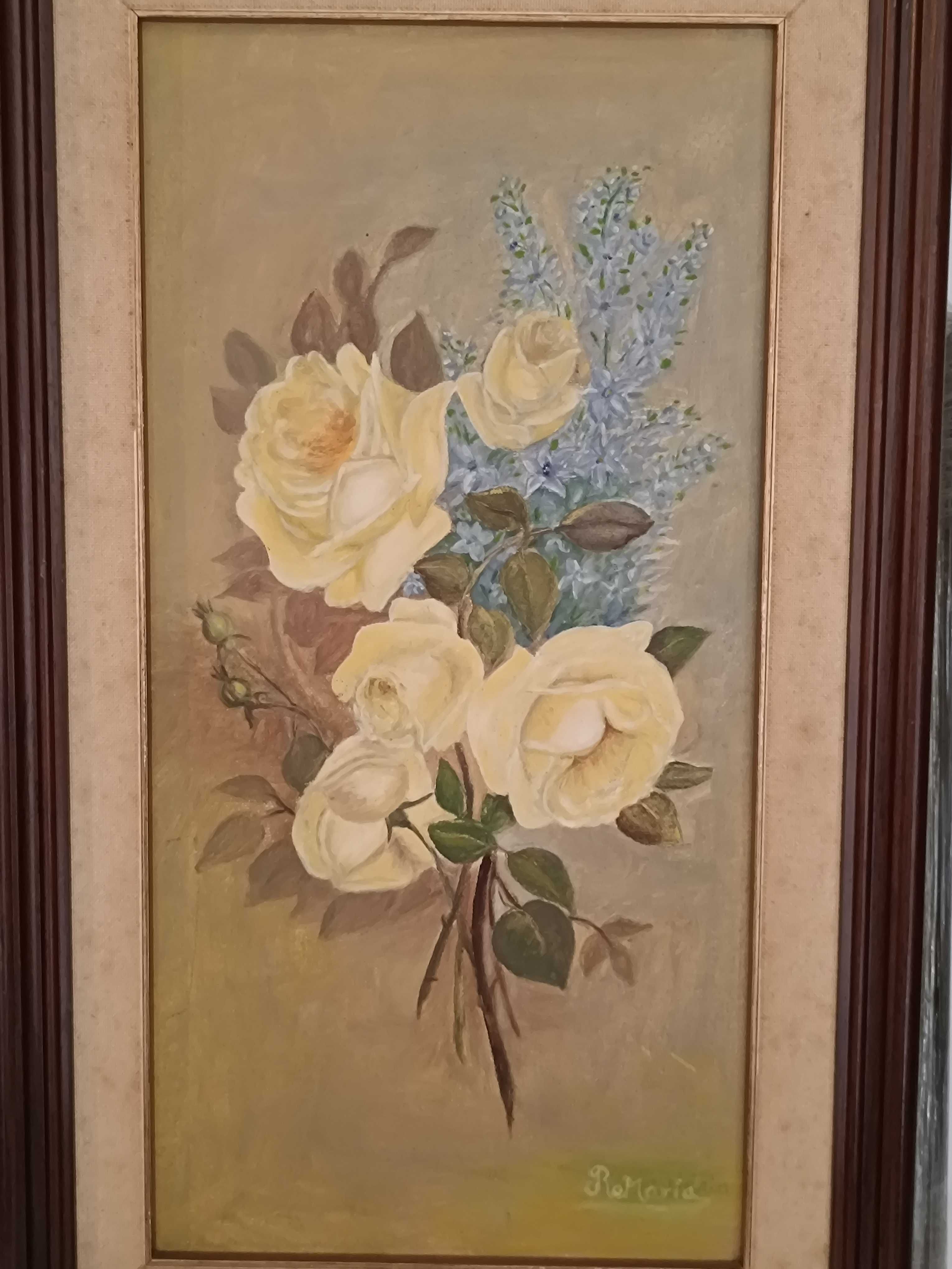 2 Quadros antigos de flores, pintados à mão