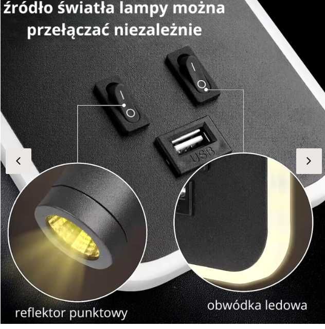 Ścienny LED  z portem USB do ładowania i dwoma źródłami światła