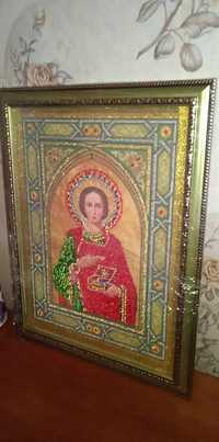 Икона Святой целитель Пантелеймон вышитая бисером