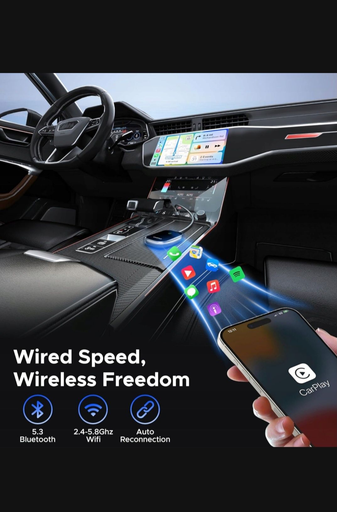 Bezprzewodowy adapter carplay USB/USB - C.Transmiter samochowy