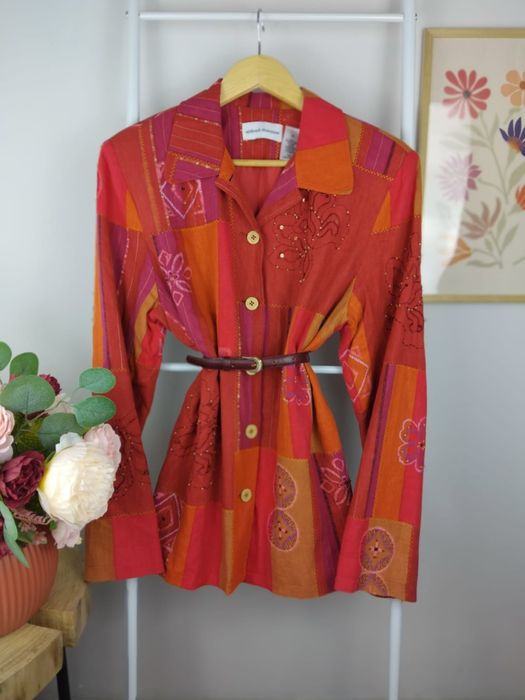 Lniana marynarka vintage kolorowa jedwabna żakiet premium retro kwiaty