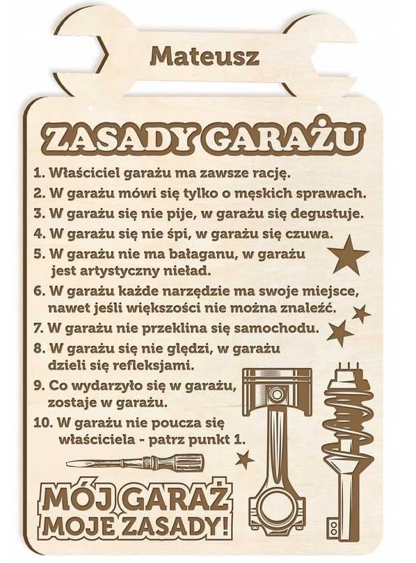 Zasady garażu - tabliczka z grawerem, nowa, najtaniej! Wzór 6