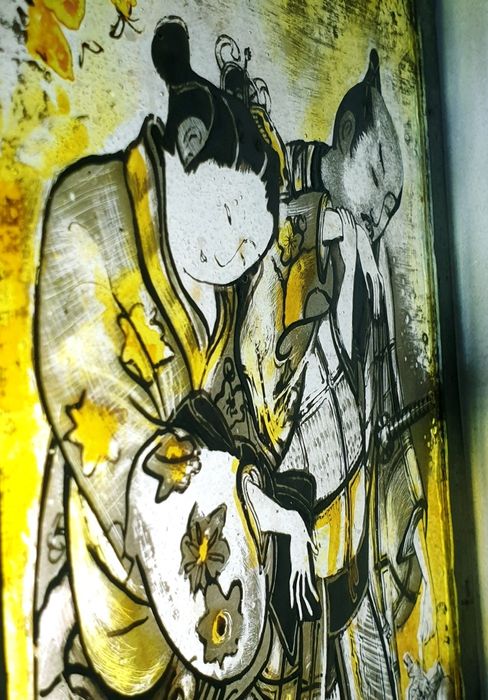 Raro e lindissimo antigo vitral japonês pintado à mão e assinado