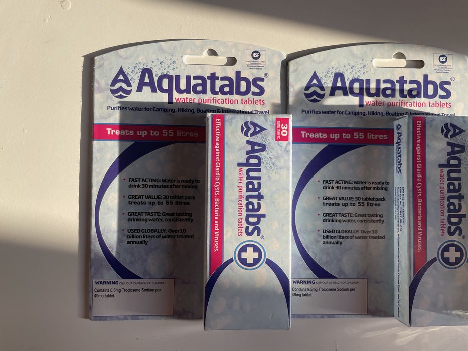 Таблетки та краплі для очищення води (Aquatabs + Aquamira)