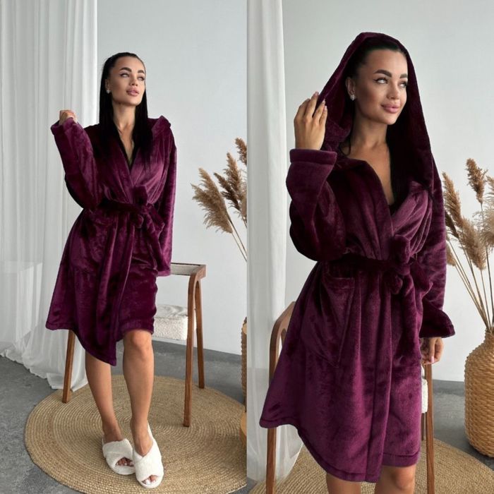 Женский махровый халат Теплый зимний с капюшоном/поясом 42-52 фреза