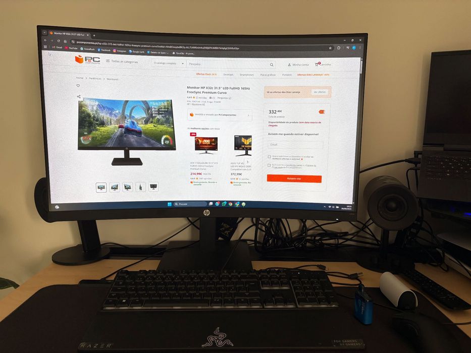 Monitor HP x32c 31.5” FullHD 165HZ curvo + Colunas razer Momo.