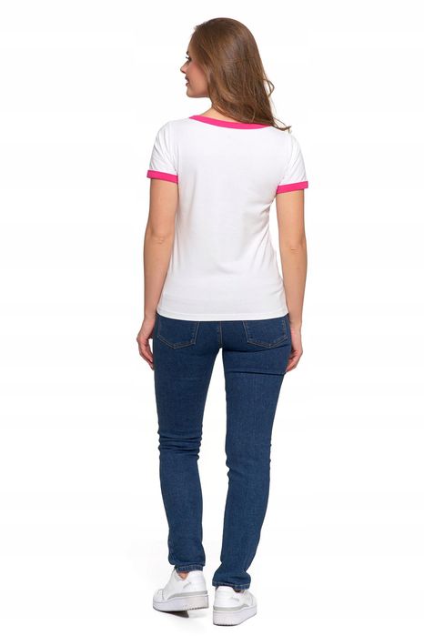 T-Shirt Koszulka Damska Bawełna Slim Z Napisami Biało-Różowy Moraj Xxl