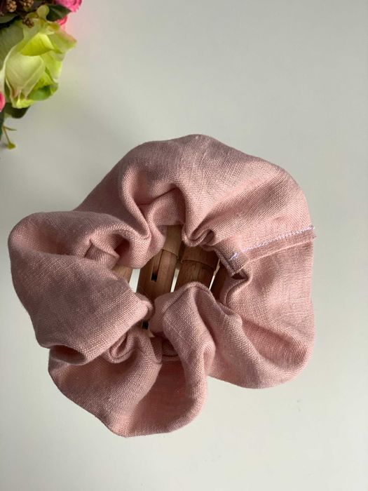 Gumka do włosów, scrunchie, len różowy, HANDMADE