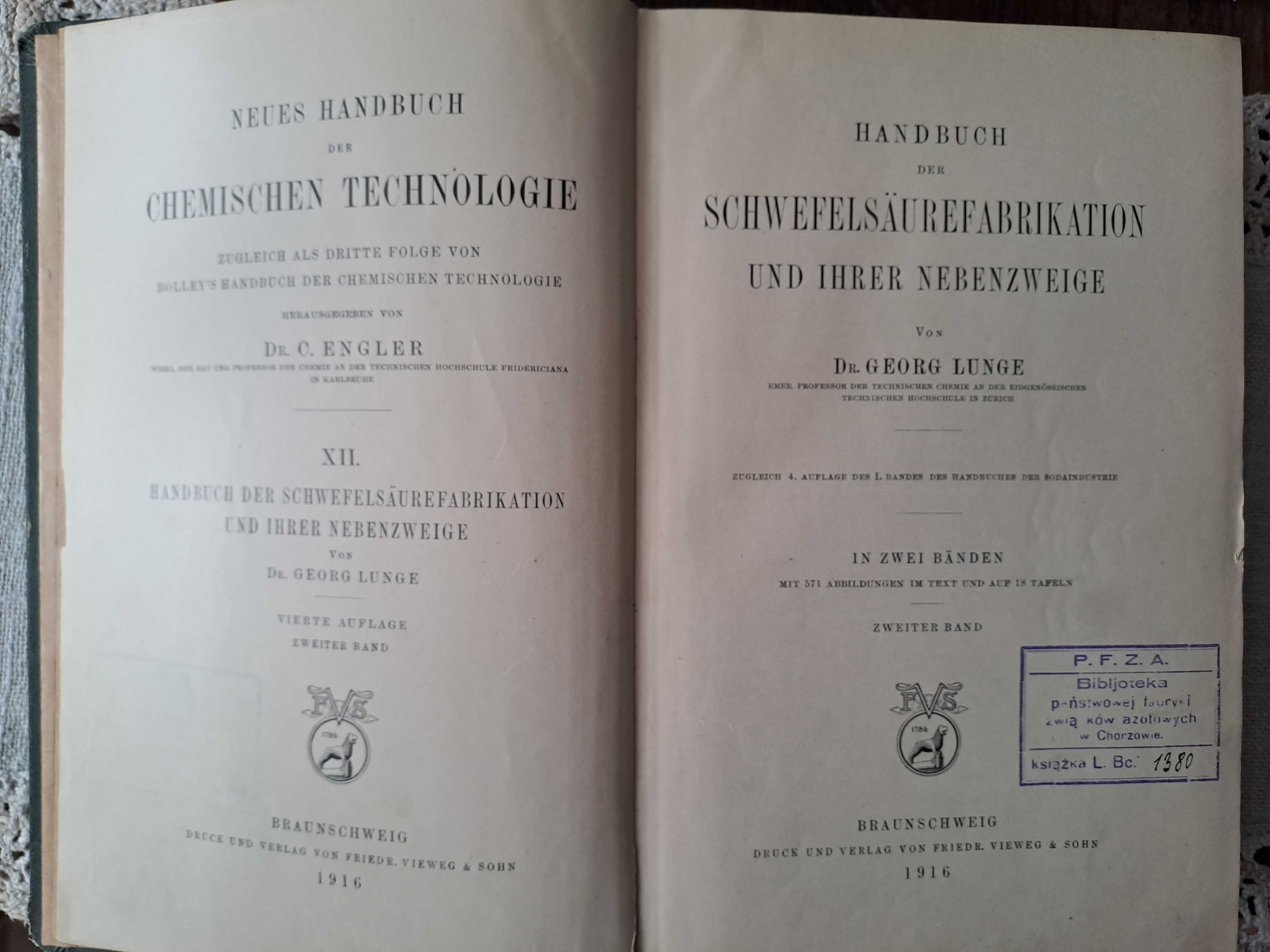 niemiecki podręcznik nt. produkcji kw. siarkowego, Engler/Lunge, 1916