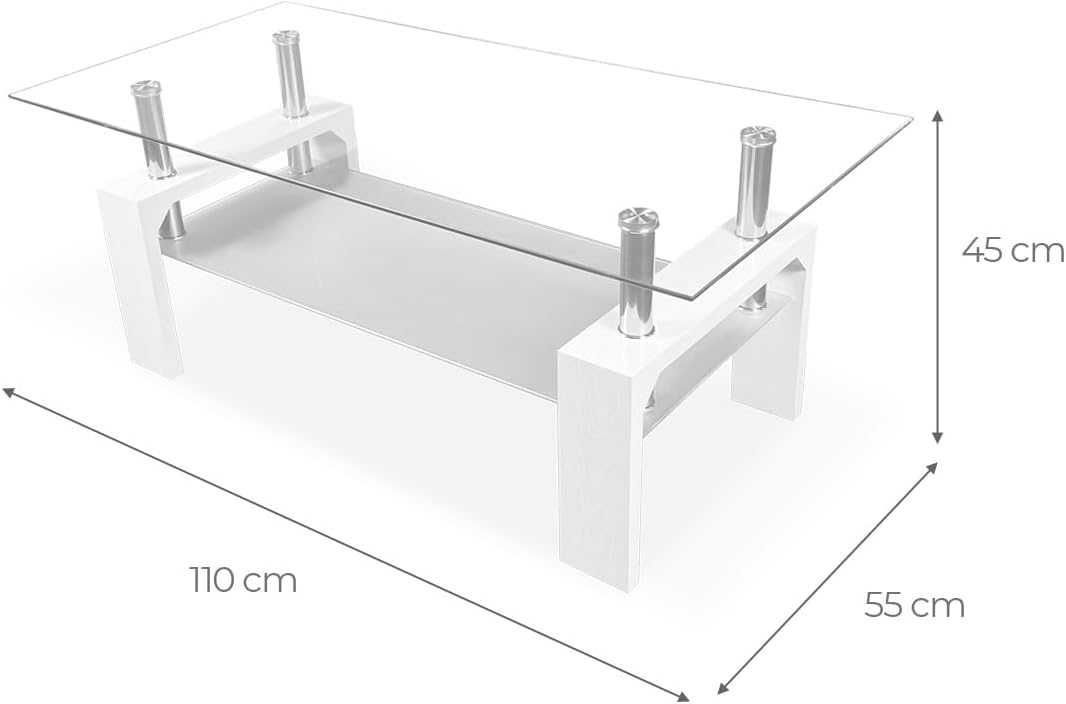 Mesa de centro de vidro 110 x 45 x 55 cm [BRANCO ou MADEIRA] - NOVO