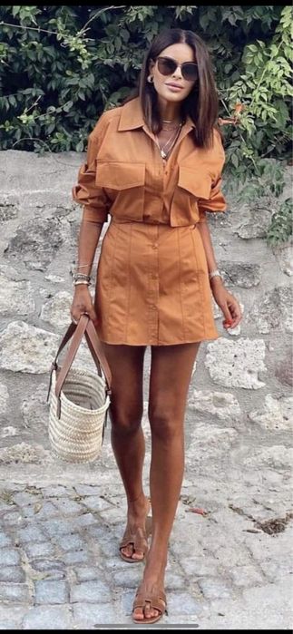 Blogerska koszulowa sukienka lato Zara camel plecy M