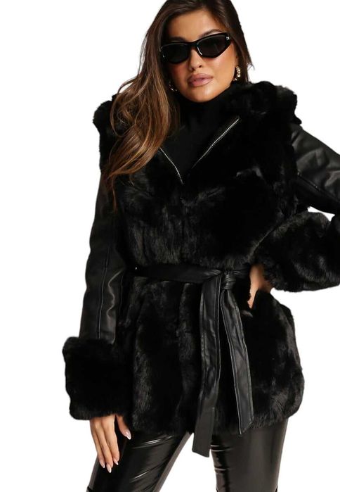 Kurta zimowa ramoneska z futerkiem czarna XL 42 z paskiem na misiu