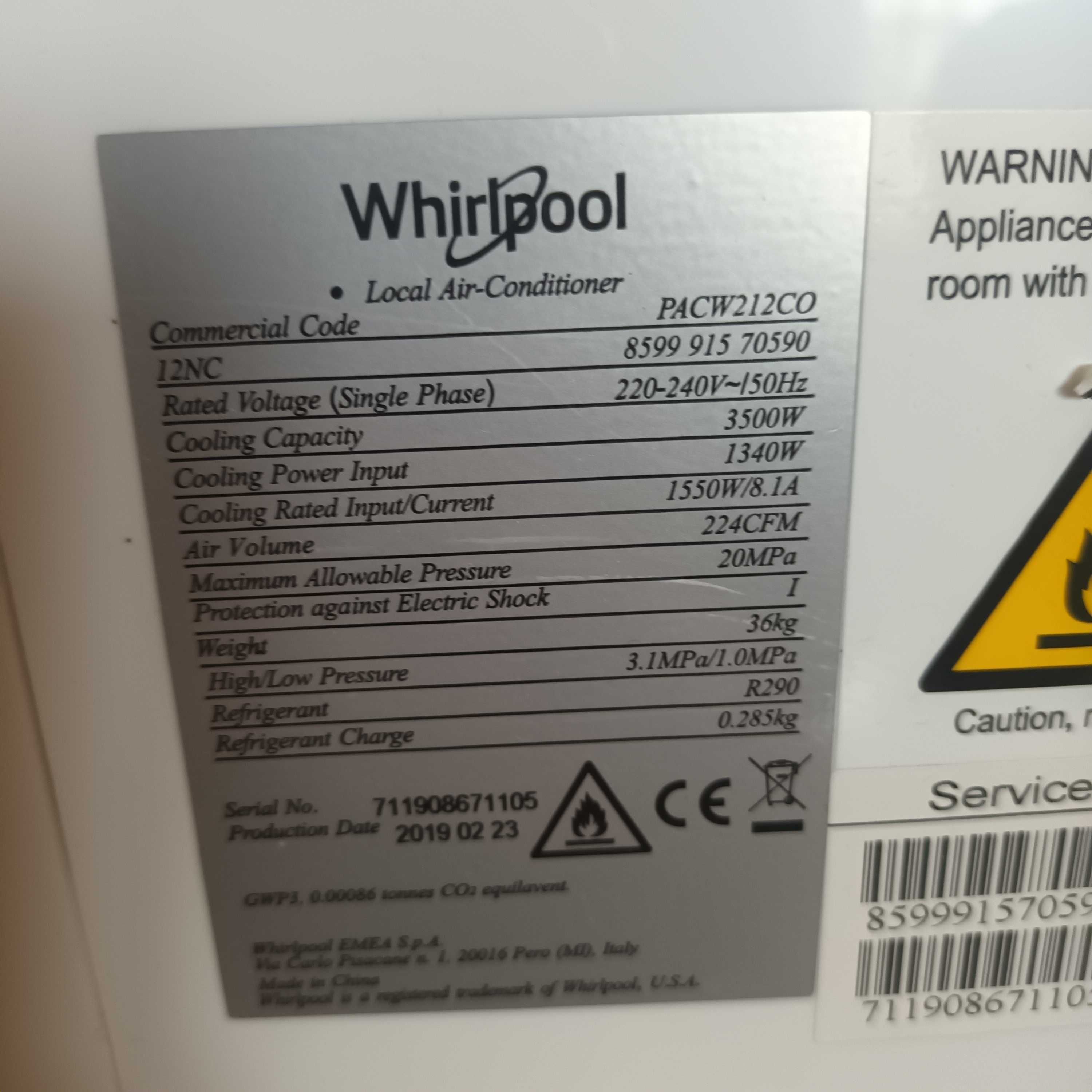 Klimatyzator Whirlpool PACW212CO jak nowy