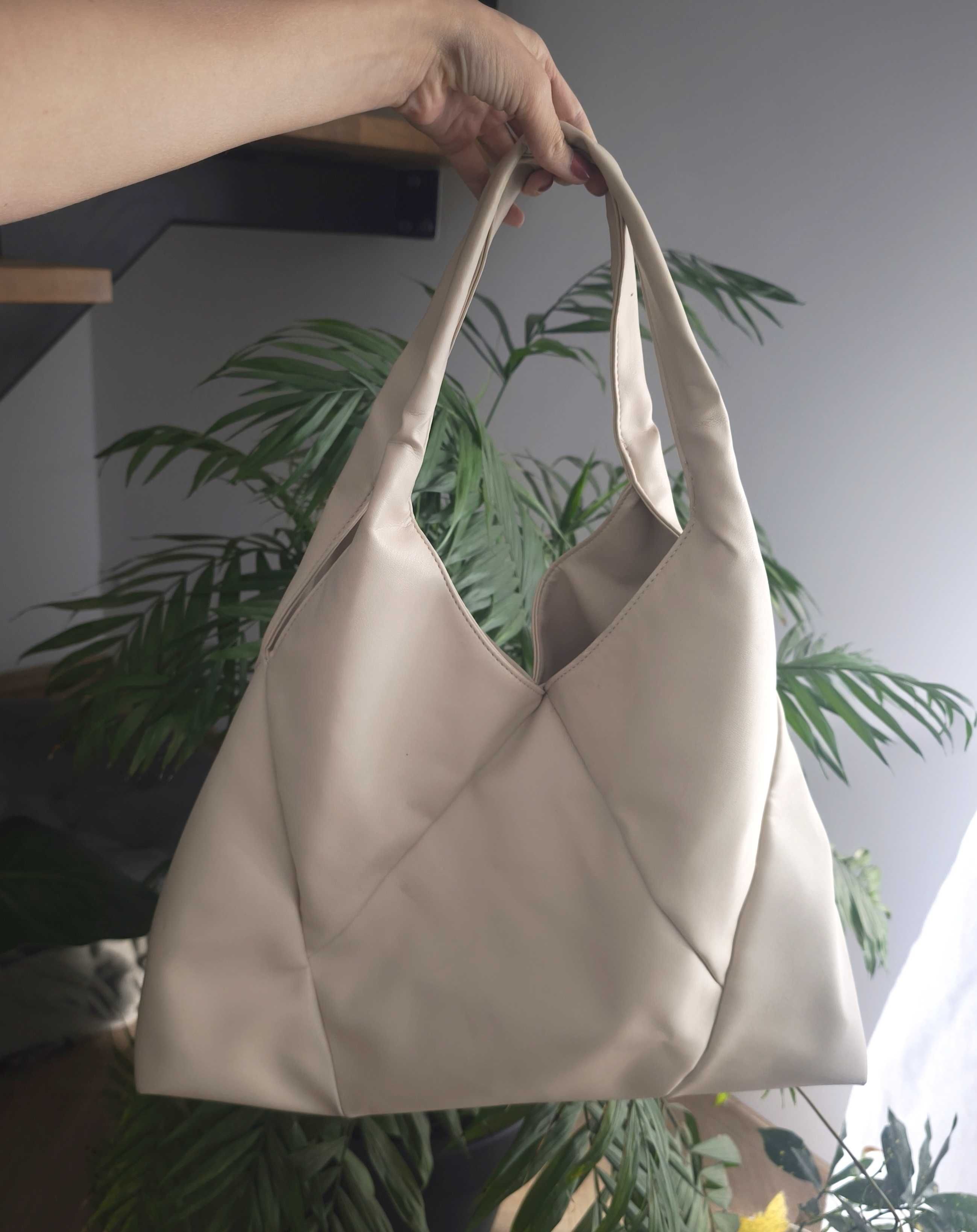Kremowa torebka trapez patchwork lato worek duża torba shopper cream