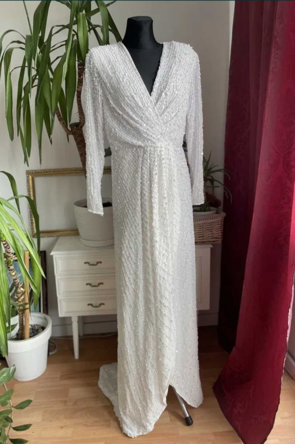 Maxi sukienka cekinowa biel/ecri