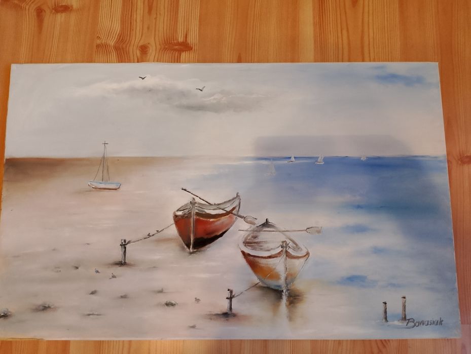 Obraz łódki na plaży 80/50 cm rękodzieło