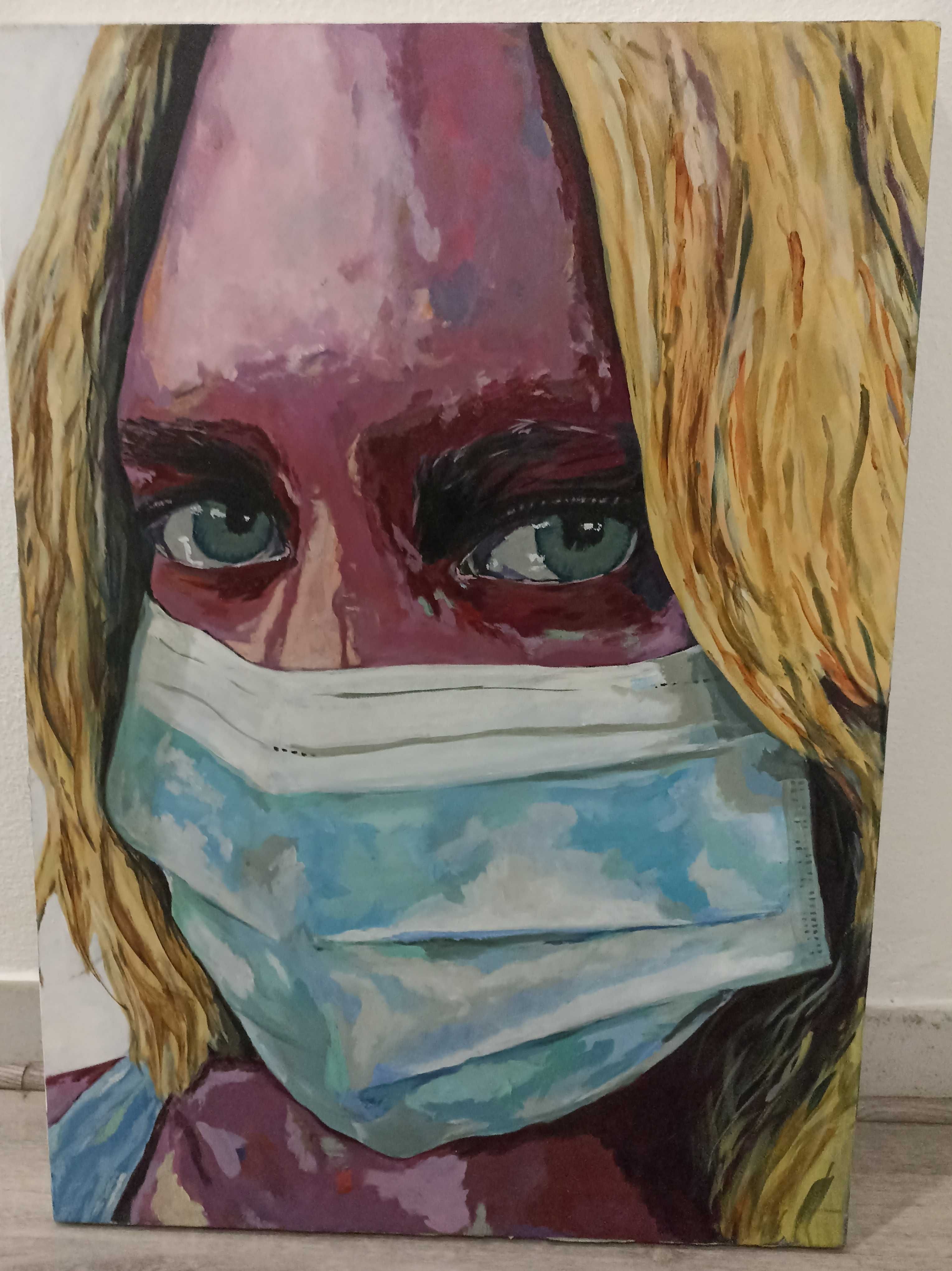 Tela com 60 x 85 cm - Rosto feminino com máscara