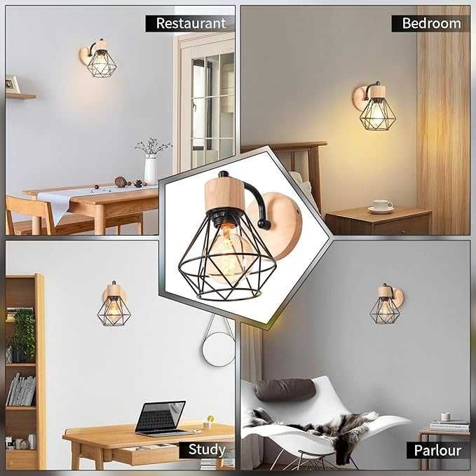 TOKIUS Zestaw 2 ściennych lamp z metalu i drewna, E27, regulowane